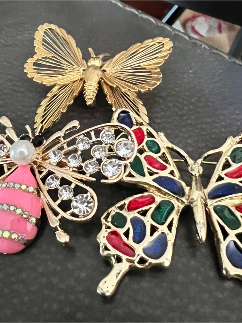 Gold-Tone Butterfly Brooch Trio with Pink & Multi-Color Accents